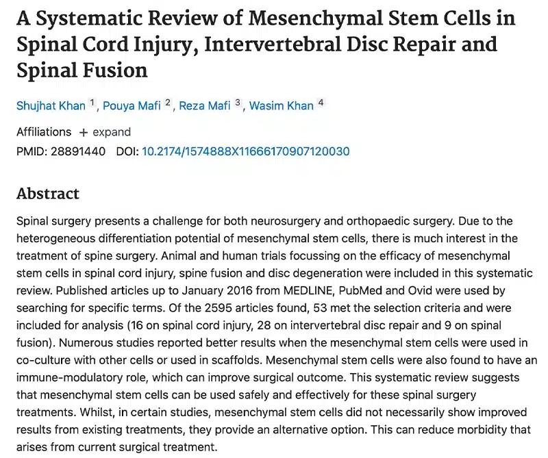 A Systematic Review of Mesenchymal Stem Cells in Spinal Cord Injury, Intervertebral Disc Repair and Spinal Fusion