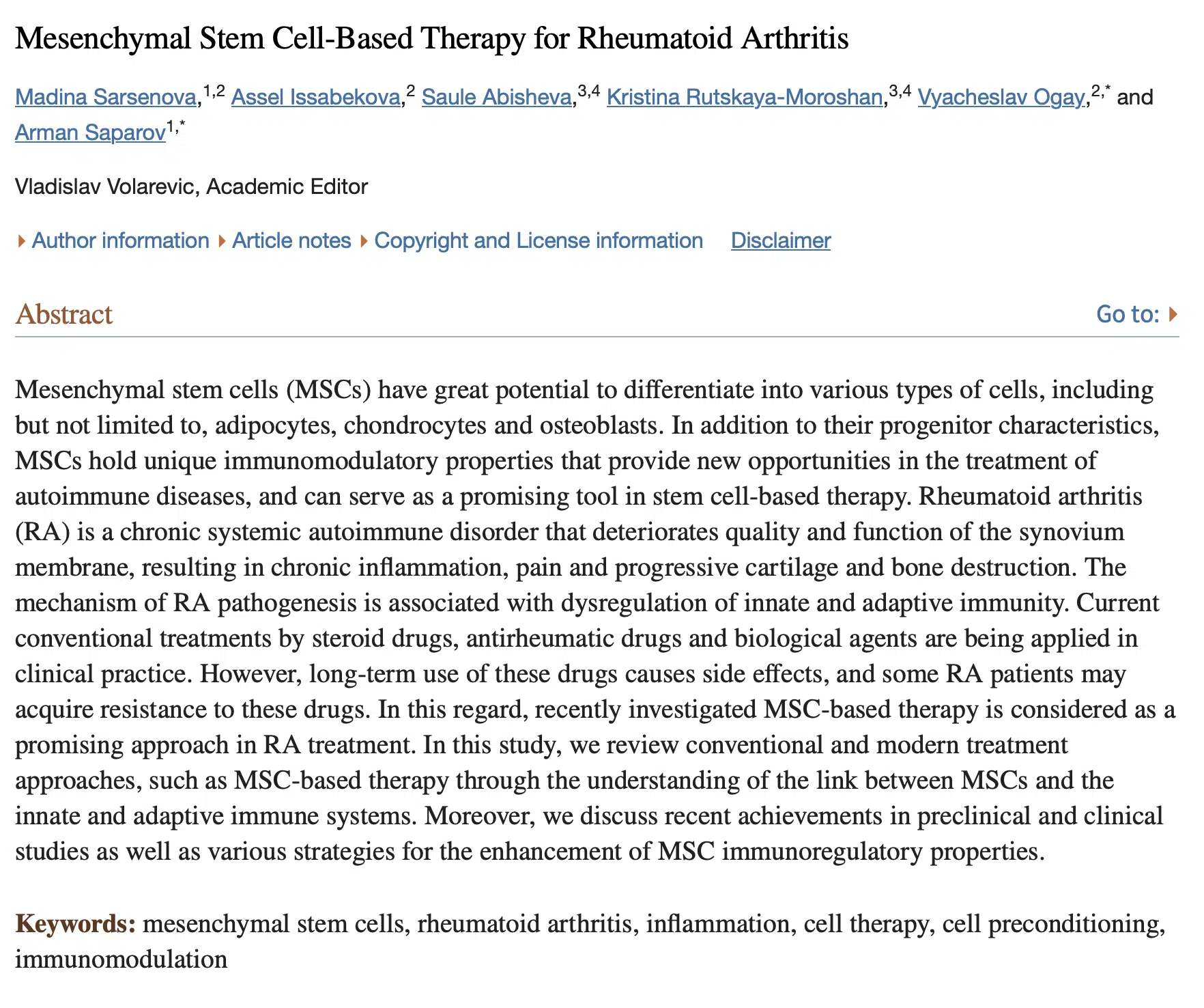 Mesenchymal Stem Cell-Based Therapy for Rheumatoid Arthritis