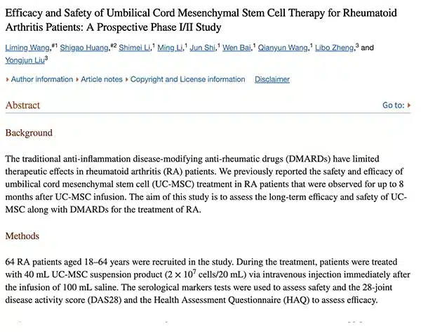 Efficacy and Safety of Umbilical Cord Mesenchymal Stem Cell Therapy for Rheumatoid Arthritis Patients: A Prospective Phase I/II Study