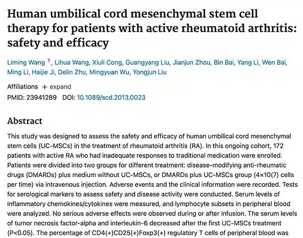 Human umbilical cord mesenchymal stem cell therapy for patients with active rheumatoid arthritis: safety and efficacy