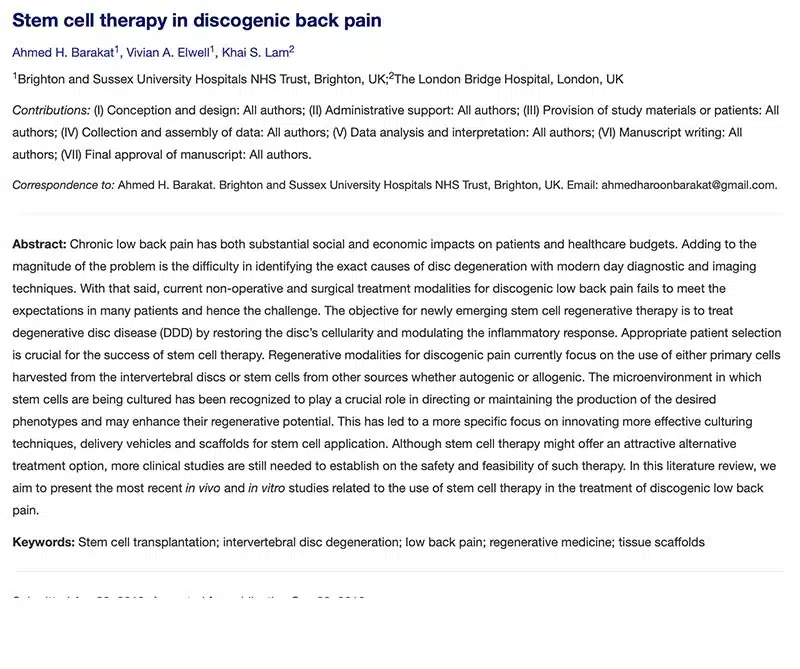 Stem cell therapy in discogenic back pain