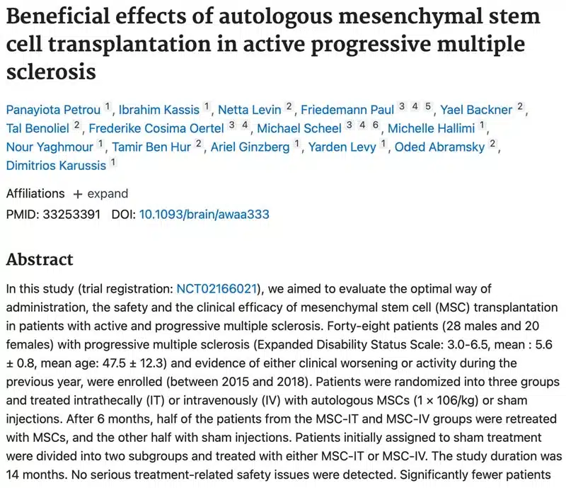 Beneficial effects of autologous mesenchymal stem cell transplantation in active progressive multiple sclerosis