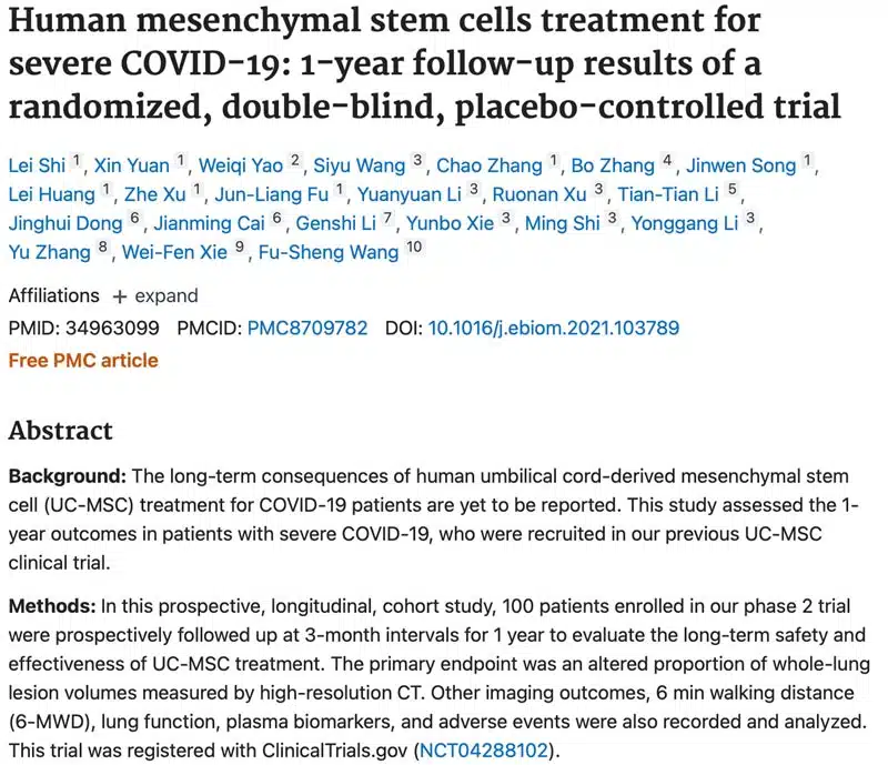 Human mesenchymal stem cells treatment for severe COVID-19