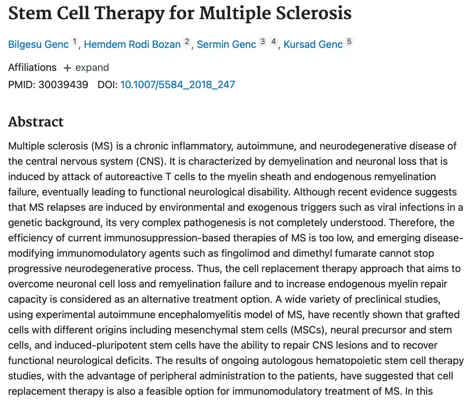 Stem Cell Therapy for Multiple Sclerosis