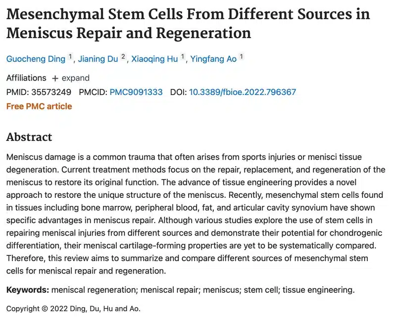 Mesenchymal Stem Cells From Different Sources in Meniscus Repair and Regeneration