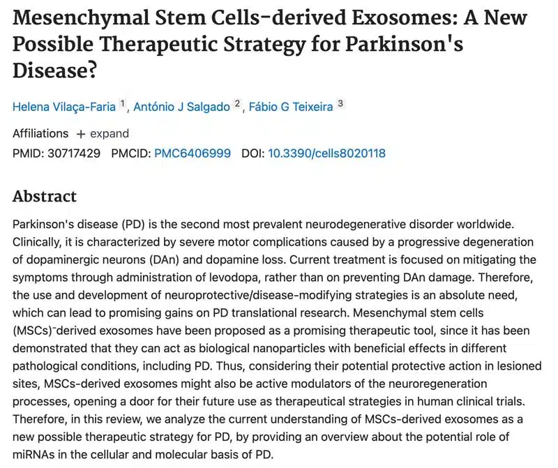 Mesenchymal Stem Cells-derived Exosomes: A New Possible Therapeutic Strategy for Parkinson’s Disease?