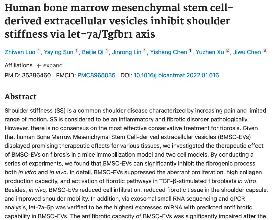 Human bone marrow mesenchymal stem cell-derived extracellular vesicles inhibit shoulder stiffness via let-7a/Tgfbr1 axis