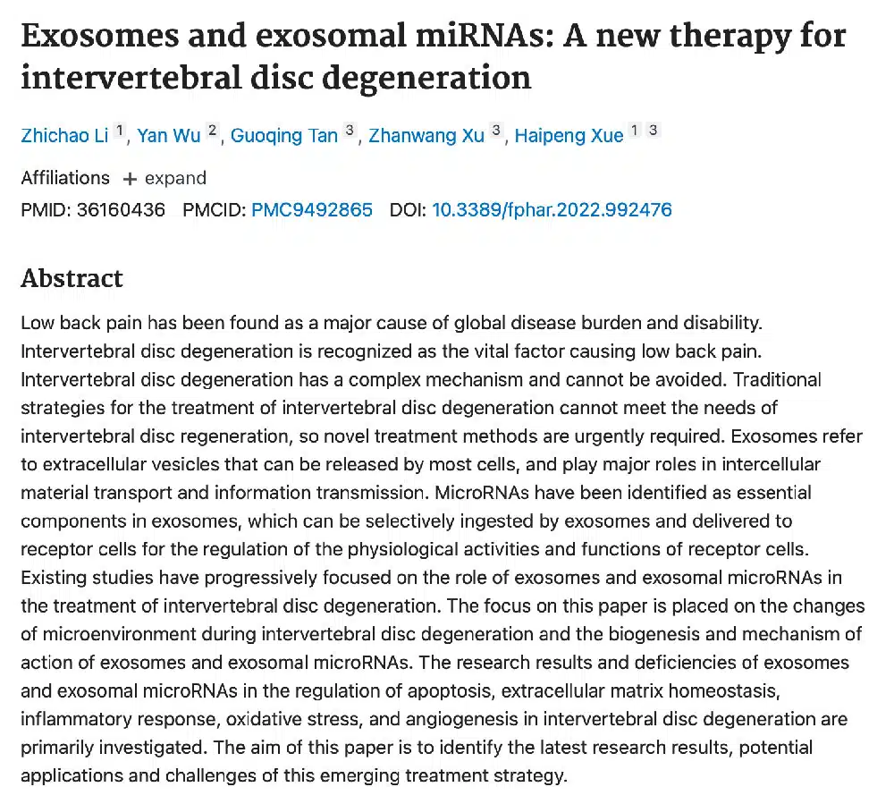 Exosomes and exosomal miRNAs: A new therapy for intervertebral disc degeneration